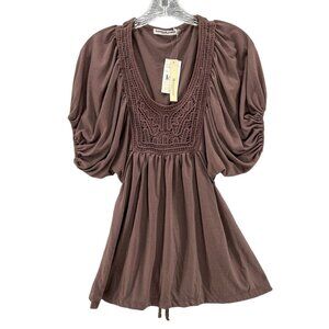 Hannah Jones Womens L Top Boho Peasant Brown Short Sleeve Empire